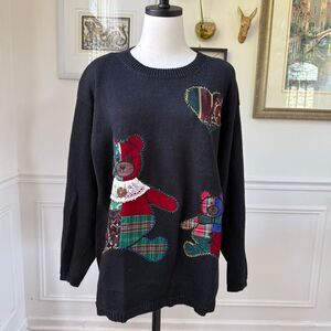 Vintage 90s Susan Bristol Applique Embroidered Teddy Bear Heart Sweater L